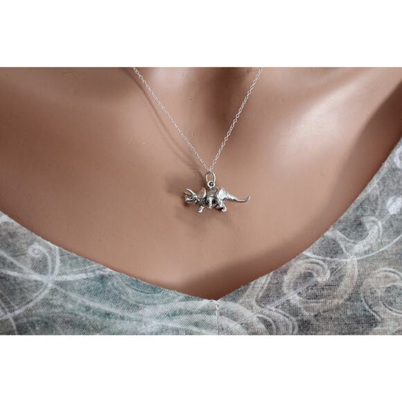 Sterling Silver Triceratops Dinosaur Charm Necklace - Picture 4 of 4